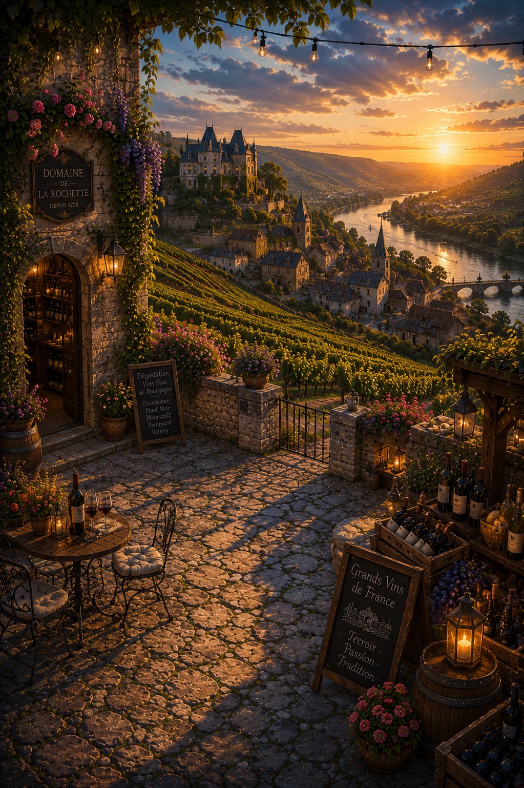A sunlit French vineyard above a riverside village